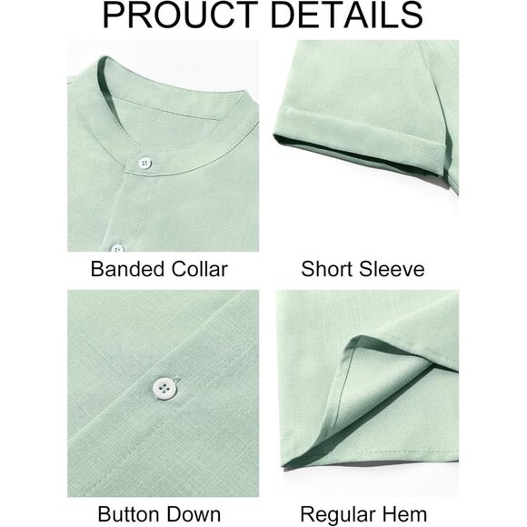 💫 Men Green Casual Button Down Shirts Short Sleeve Banded Collar Hippie Tops - Picture 5 of 5